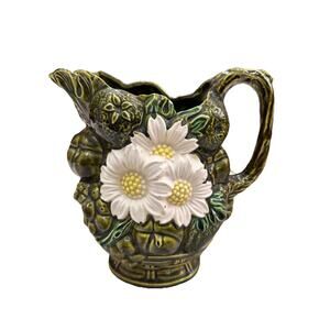 Vintage Cottage Hand Painted Tilso Japan Daisy Fruit Ceramic Pitcher Vase Green